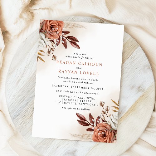 Rustic Terracotta Flowers And Pampas Grass Wedding Invitation