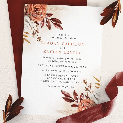 Rustic Terracotta Flowers And Pampas Grass Wedding Invitation