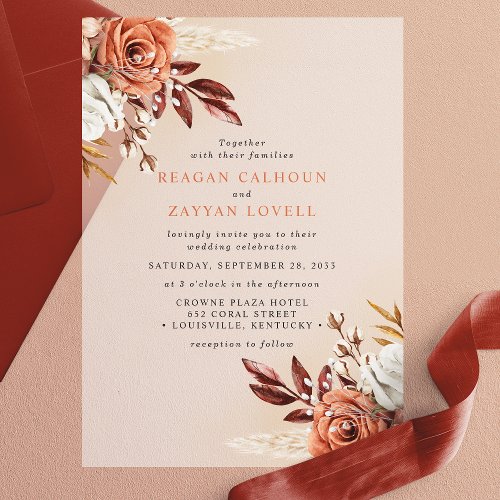 Rustic Terracotta Flowers And Pampas Grass Wedding Vellum Invitations