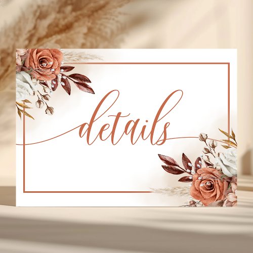 Rustic Terracotta Flowers Pampas Wedding Details Enclosure Card