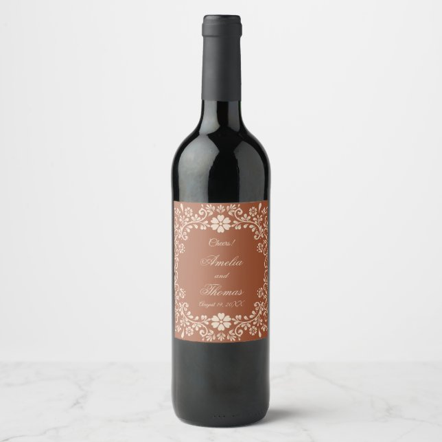 Rustic Terracotta Flowers Wedding  Wine Label (Front)