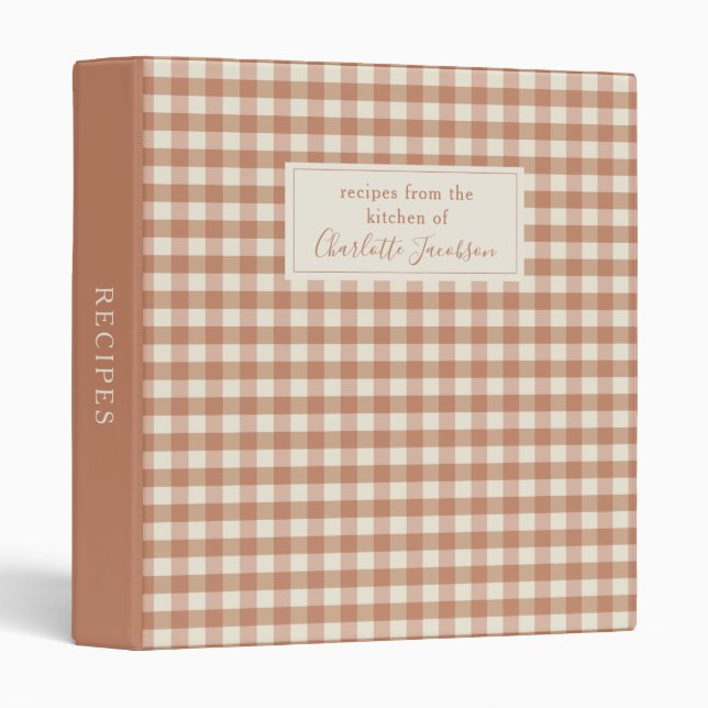 Rustic Terracotta Gingham Plaid Monogram Recipe  3 Ring Binder (Front/Spine)