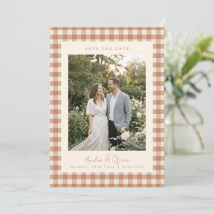 Rustic Terracotta Gingham Plaid Photo Wedding Save The Date