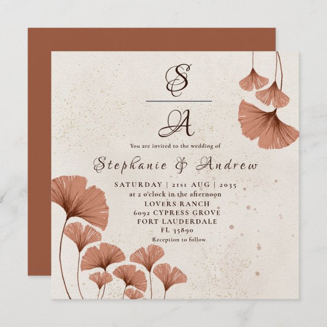 Rustic Terracotta Ginkgo Foliage Wedding  Invitation (Front/Back)