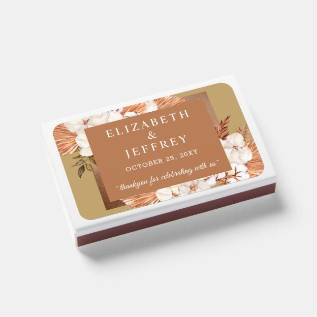 Rustic Terracotta Gold Boho Pampas Wedding Matchboxes (Front Closed)