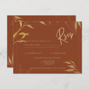 Rustic Terracotta GOLD Leaves Overlay Wedding RSVP Postcard