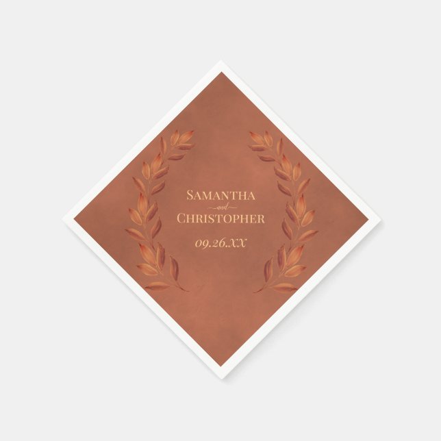 Rustic Terracotta Leaves Diagonal Design Wedding Napkins (Corner)