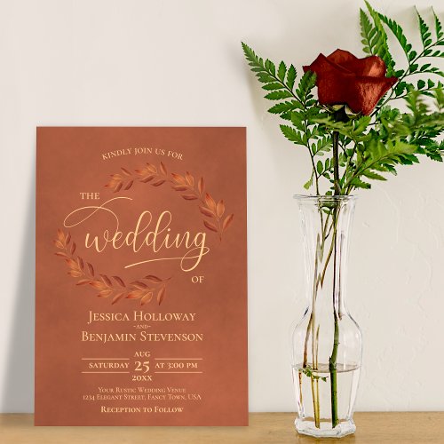 Rustic Terracotta Leaves Elegant Wedding Invitation