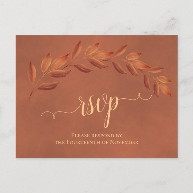 Rustic Terracotta Leaves Elegant Wedding RSVP Postcard (Front)