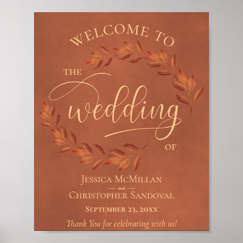 Rustic Terracotta Leaves Fall Wedding Welcome Sign