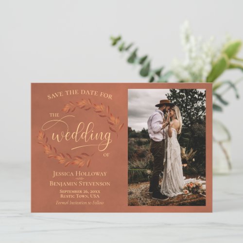 Rustic Terracotta Leaves  Photo Elegant Wedding Save The Date