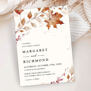 Rustic Terracotta Leaves Watercolor Fall Wedding Invitation