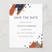 Rustic Terracotta Navy Abstract Save the Date Announcement Postcard