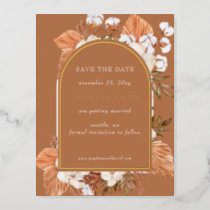 Rustic Terracotta Pampas Arched save the date Foil Invitation Postcard
