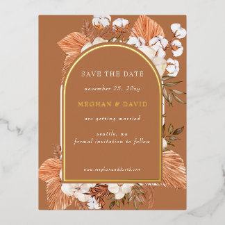 Rustic Terracotta Pampas Arched save the date Foil Invitation Postcard