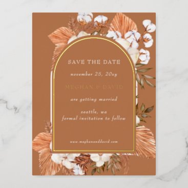 Rustic Terracotta Pampas Arched save the date Foil Invitation Postcard