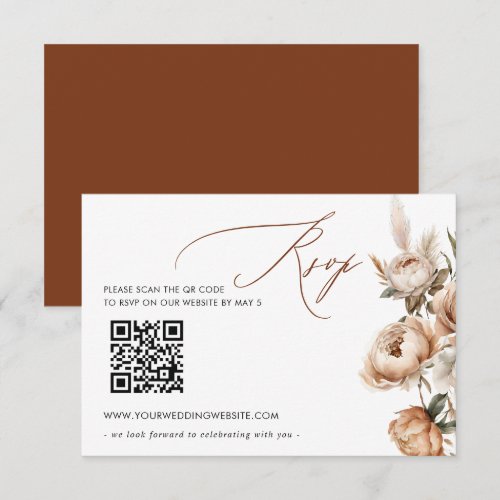 Rustic Terracotta Pampas Boho Floral Fall QR CODE RSVP Card