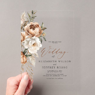 Rustic Terracotta Pampas Boho Floral Fall Wedding Acrylic Invitations
