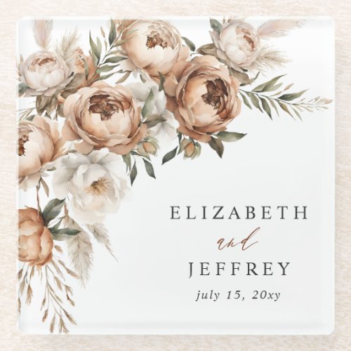 Rustic Terracotta Pampas Boho Floral Fall Wedding Glass Coaster