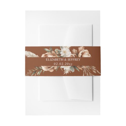 Rustic Terracotta Pampas Boho Floral Fall Wedding Invitation Belly Band
