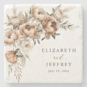 Rustic Terracotta Pampas Boho Floral Fall Wedding Stone Coaster