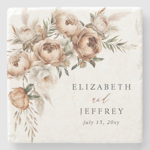 Rustic Terracotta Pampas Boho Floral Fall Wedding Stone Coaster