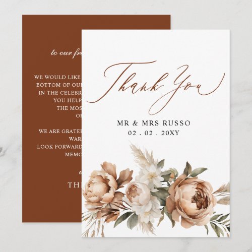 Rustic Terracotta Pampas Boho Floral Fall Wedding Thank You Card