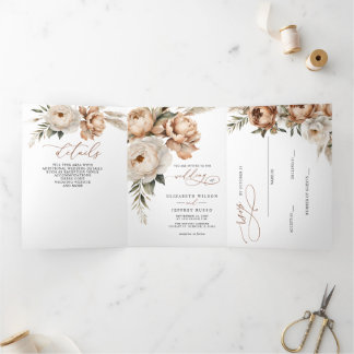 Rustic Terracotta Pampas Boho Floral Fall Wedding Tri-Fold Invitation