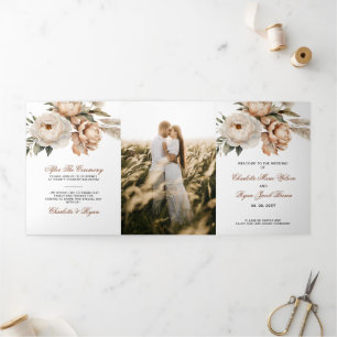 Rustic Terracotta Pampas Boho Floral Fall Wedding Tri-Fold Program