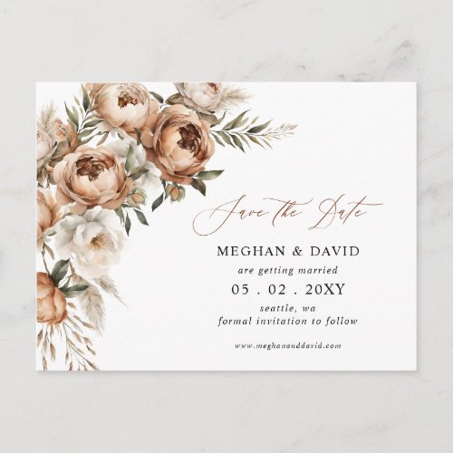 Rustic Terracotta Pampas Boho Floral Save the Date Announcement Postcard
