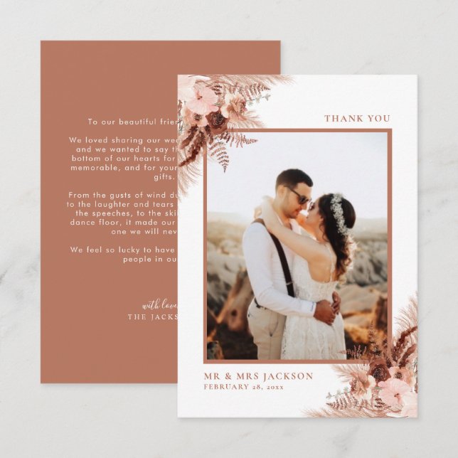 Rustic Terracotta Pampas Grass Elegant Wedding Thank You Card (Front/Back)