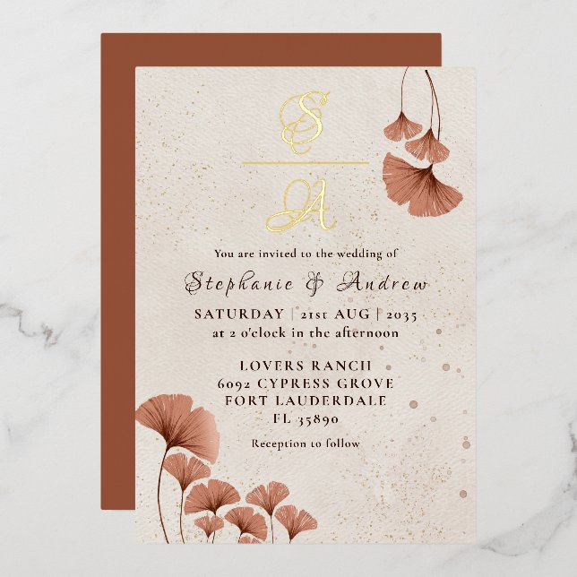 Rustic Terracotta & Real Gold Monogram Wedding  Foil Invitation (Front/Back)