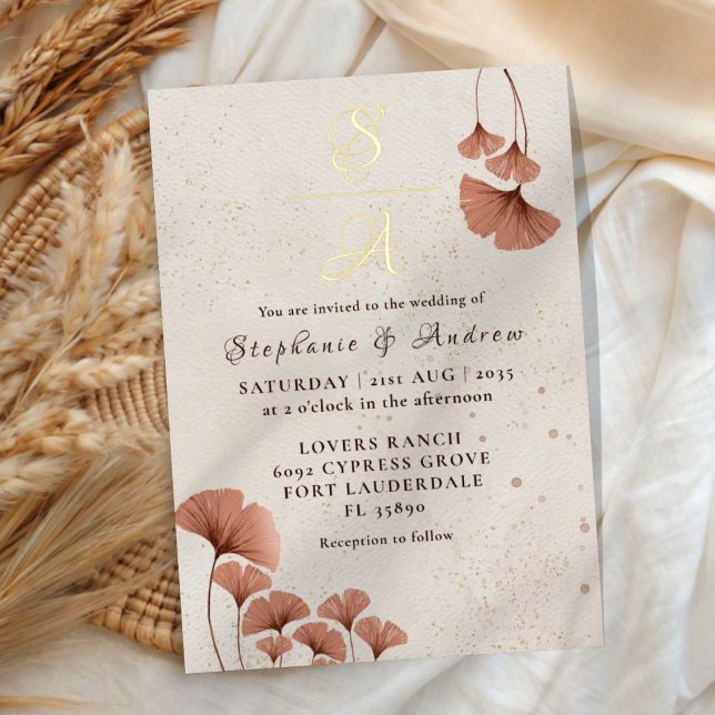 Rustic Terracotta & Real Gold Monogram Wedding  Foil Invitation (Creator Uploaded)