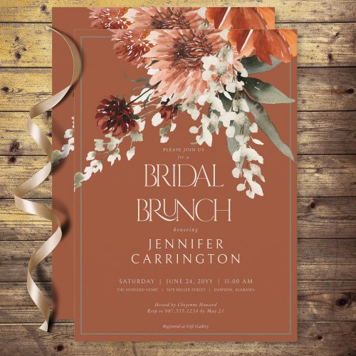 Rustic Terracotta Rust Flowers Bridal Brunch Invitation