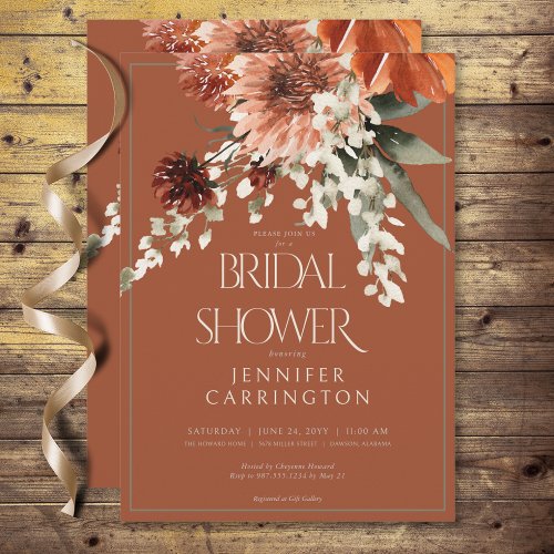 Rustic Terracotta Rust Flowers Bridal Shower Invitation
