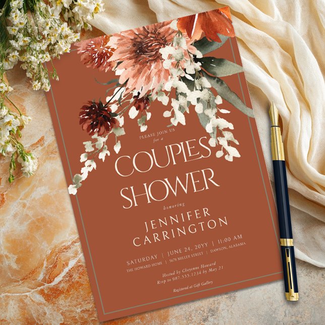 Rustic Terracotta Rust Flowers Couples Shower Invitation (Rustic Terracotta Rust Flowers Couples Shower Invitation)