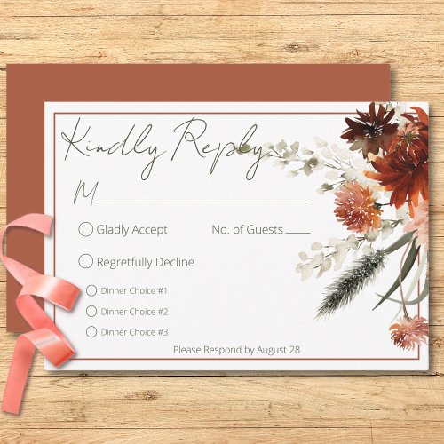 Rustic Terracotta Rust Flowers Three Dinner RSVP Card