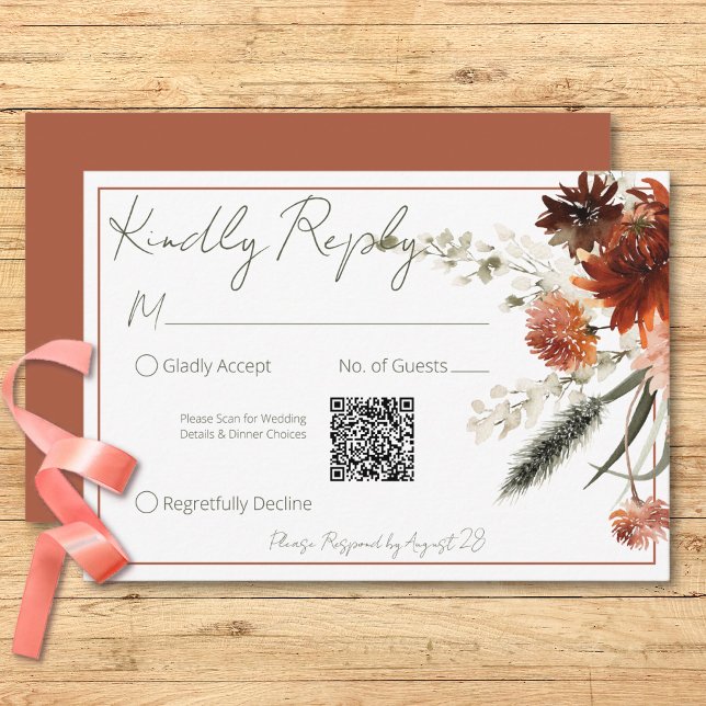 Rustic Terracotta Rust Flowers Wedding QR Code RSVP Card (Rustic Terracotta Rust Flowers Wedding QR Code RSVP Card)