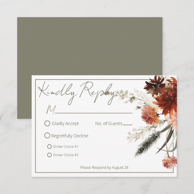 Rustic Terracotta Rust Flowers Wedding RSVP Card (Front/Back)
