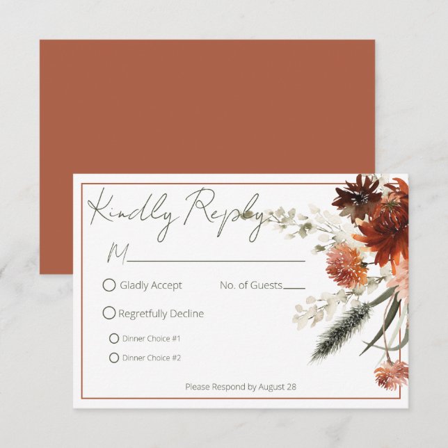 Rustic Terracotta Rust Flowers Wedding RSVP Card (Front/Back)