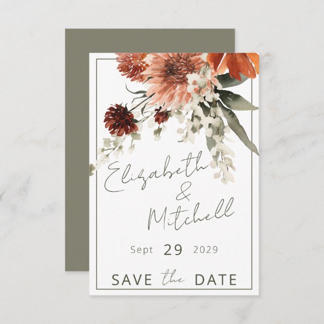 Rustic Terracotta Rust Flowers Wedding Save The Date (Front/Back)