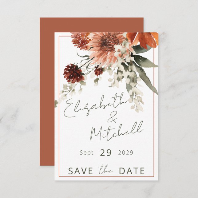 Rustic Terracotta Rust Flowers Wedding Save The Date (Front/Back)