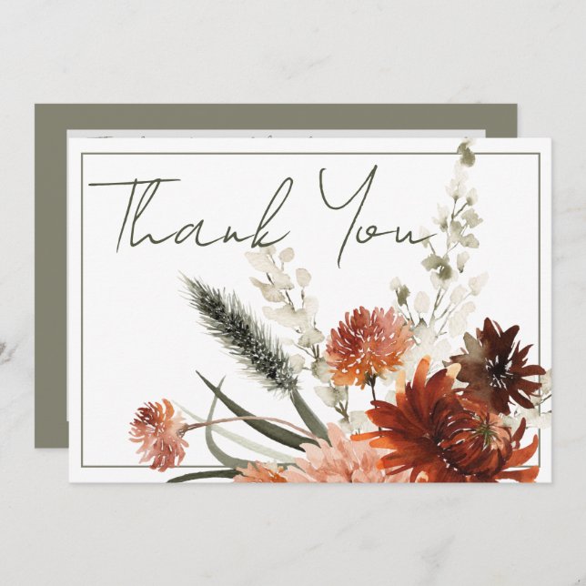Rustic Terracotta Rust Flowers Wedding Thank You Card (Front/Back)