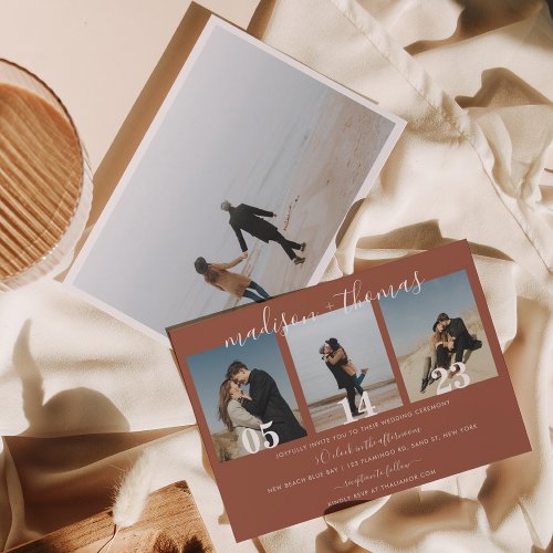 Rustic Terracotta Script Photo Collage Wedding  Invitation
