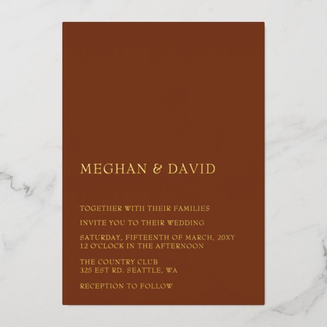 Rustic Terracotta Simple Elegant Modern Wedding   Foil Invitation (Front)