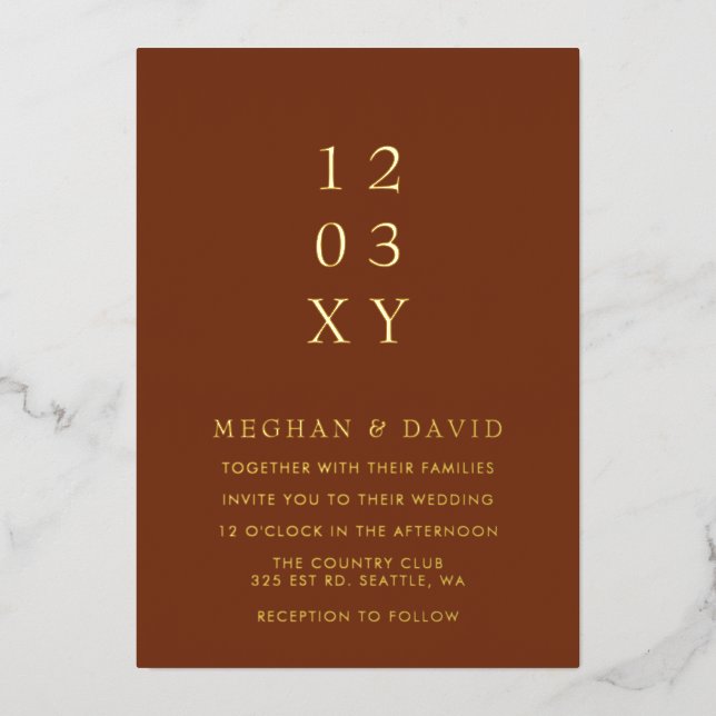 Rustic Terracotta Simple Elegant Modern Wedding  Foil Invitation (Front)