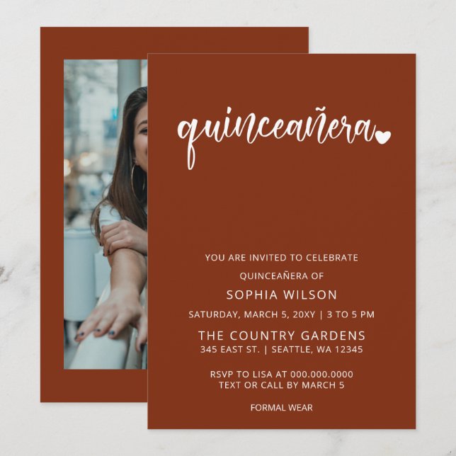 Rustic Terracotta Simple Script Quinceanera Photo Invitation (Front/Back)