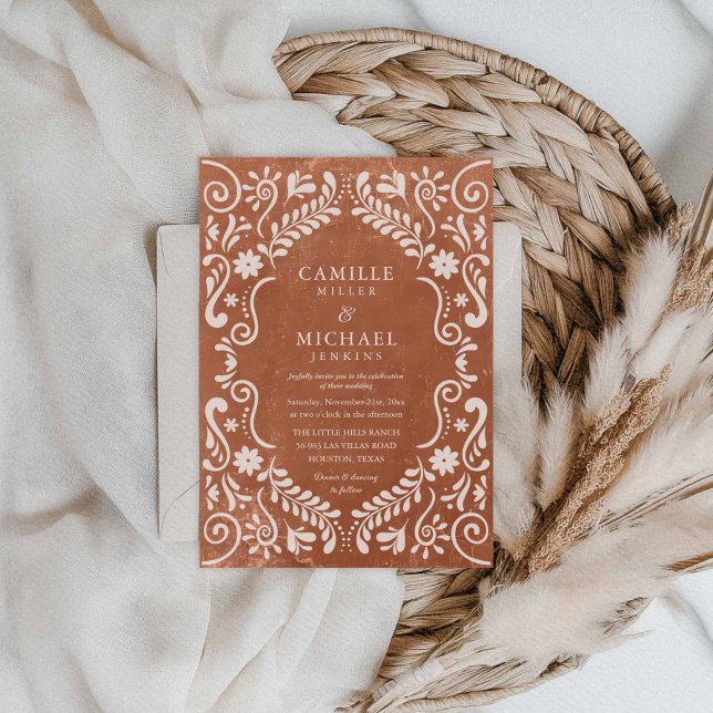Rustic Terracotta Talavera Mexican Wedding Invitation (Rustic Mexican Terracotta Wedding Invitation)