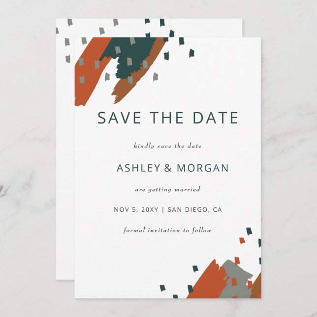 Rustic Terracotta Teal Abstract Save the Date Announcement (Front/Back)