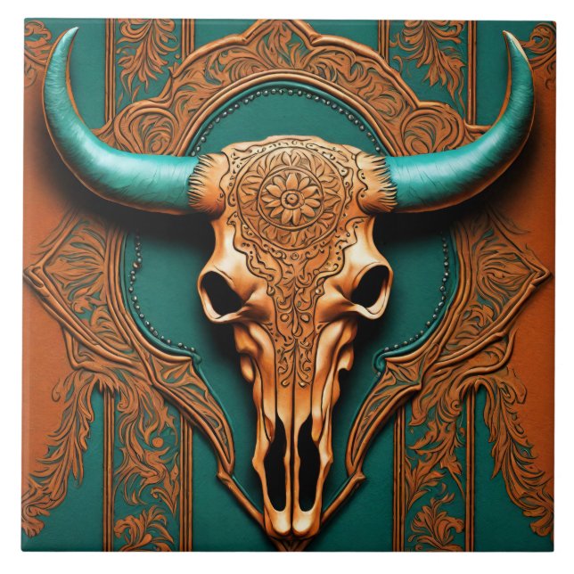 Rustic Terracotta Teal Western Country Bull SKull Ceramic Tile (Front)